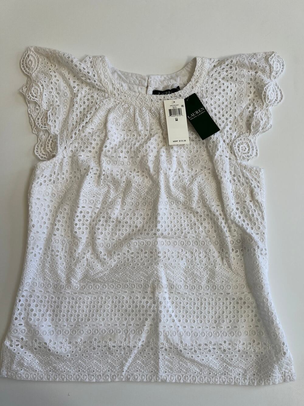Lauren Ralph Lauren Women's Eyelet Flutter Sleeve White Top Size M NWT - Picture 1 of 10
